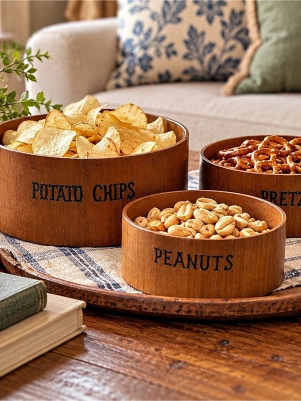 Vintage Wooden Snack Bowls Set of 3, Nesting Potato Chips Pretzels Peanuts Bowls